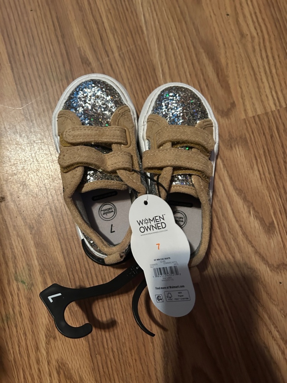 wonder nation Tan Velcro Sneakers with Silver Glitter Toe